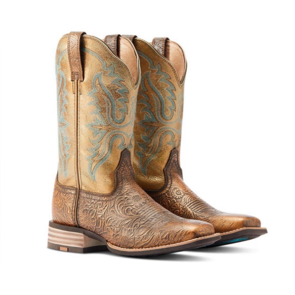 Ariat Olena Tooled Leather Western Boots • Wide Square Toe • Brown/Tan • 9.5B